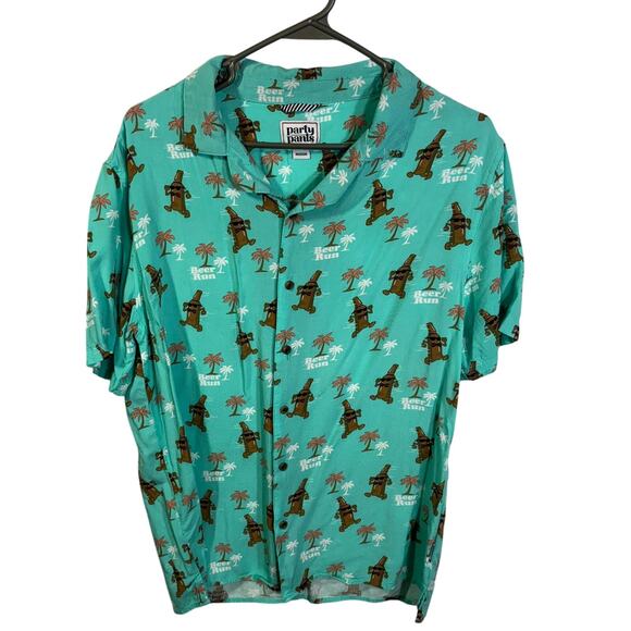 Party Pants Beer Run Shirt Mens Medium Aqua Blue Button Down SS Hawaiian Style - Picture 1 of 6